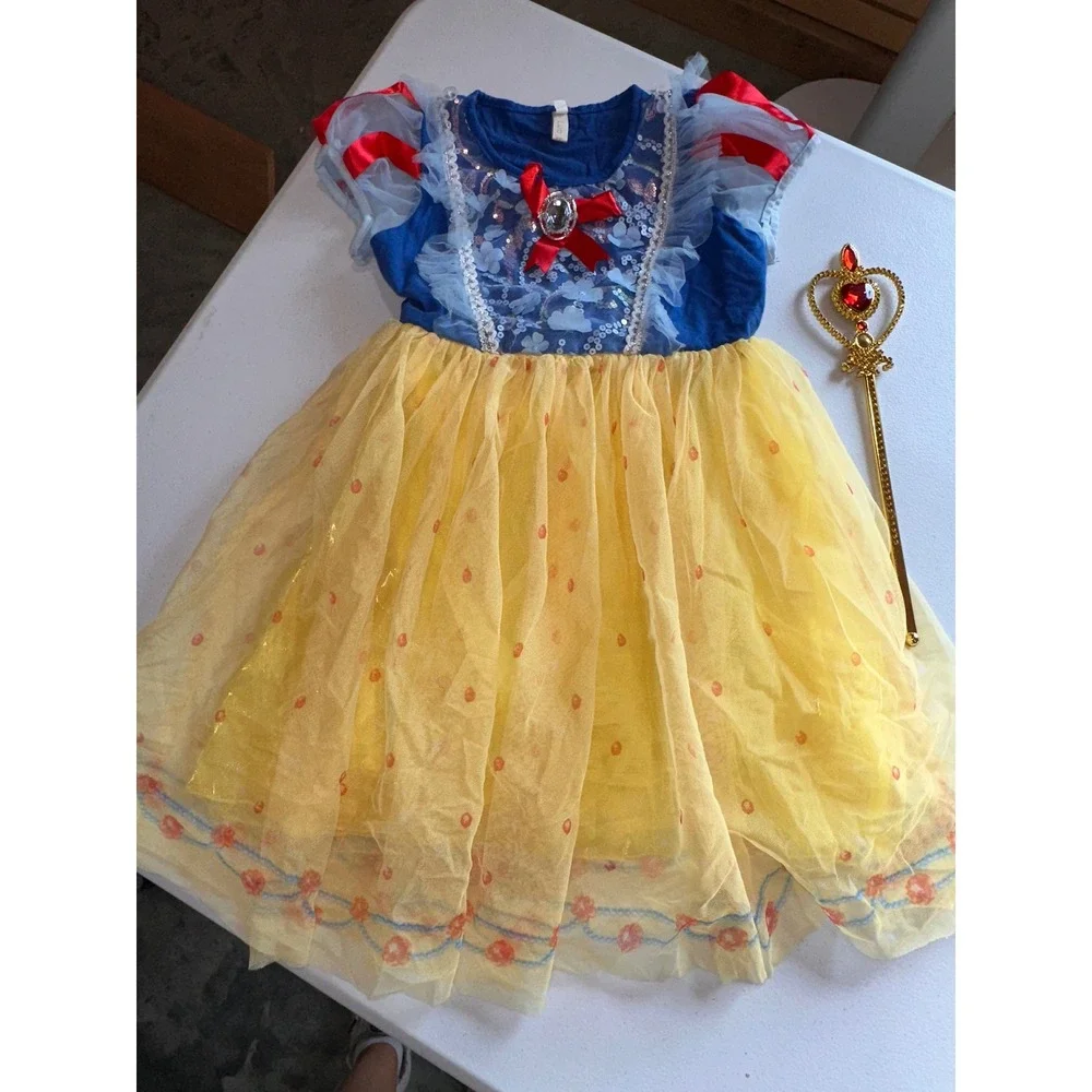 Luoer Snow White Princess Costume Dress with Wand Kids Size 130 Blue Yellow